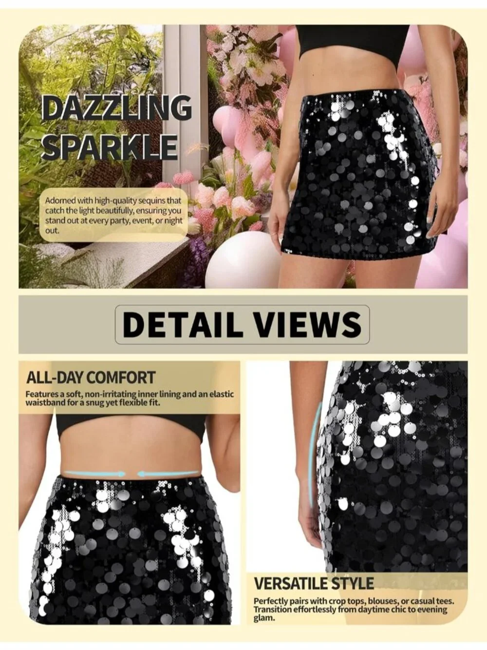 Women Large Sequin Sparkle High Waist Bodycon Stretchy White/Rainbow Mini Skirt